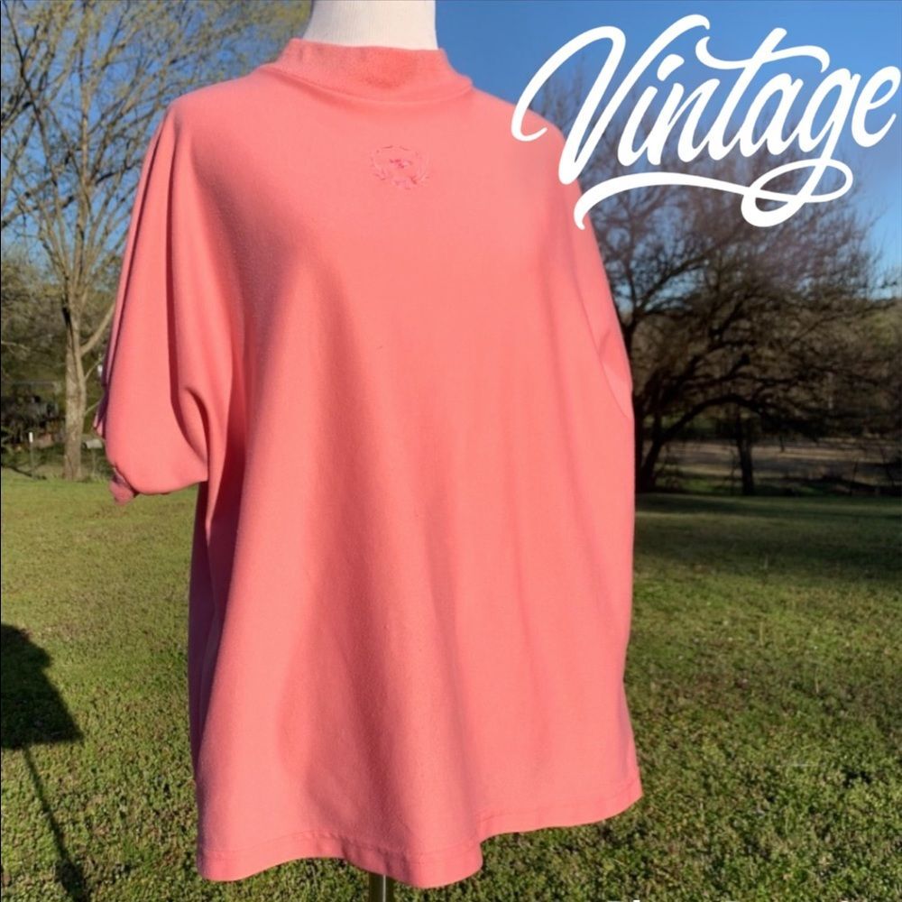 Vintage Blair Peach Floral Embroidery Sleeve Detail Mock Neck Comfy Top